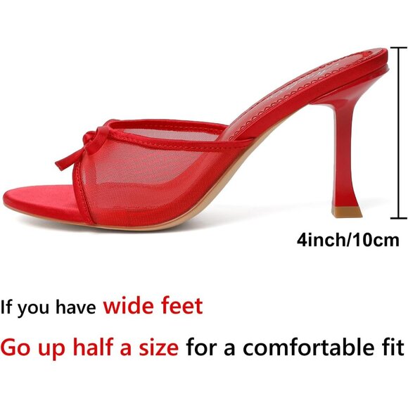 Women's Red Mesh Round Toe Heels With Bow Vintage Mules Sexy Slip on Stiletto - Picture 4 of 9